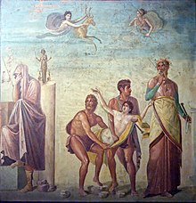 A peristyle fresco from Pompeii showing Calchas presiding over the sacrifice of Agamemnon's daughter, Iphigeneia, as the divine price for winds to carry the fleet to Troy.