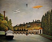 View of the Bridge in Sevres and the Hills of Clamart, Saint-Cloud and Bellevue with biplane, balloon and dirigible, 1908, Pushkin Museum of Fine Arts