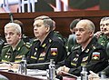 Colonel General Mizintsev (left), Admiral Igor Kostyukov (centre) and Head of GOMU [ru] Colonel General Burdinsky at a meeting, 29 January 2020
