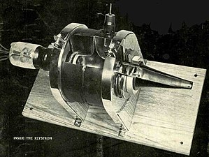 First commercial klystron tube, by General Electric, 1940, sectioned to show internal construction