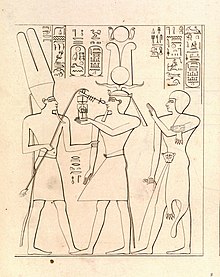 Shoshenq I (middle) gives offering to Amun (left), accompanied by his son Iuput (right), drawn by Ippolito Rosellini at the Bubastite Portal.