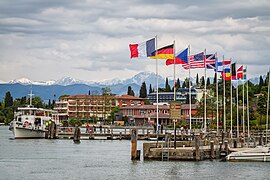 Sirmione harbor with the Alps on the background