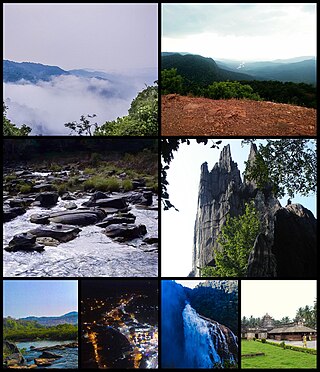 Clockwise from Top Right- Bheemana Gudda Peak, Yana Rock Mountain, Madhukeshwara Temple Banavasi, Unchalli Falls, Marikamba Fair-Largest fair in Karnataka, Agnhashini river, Shasralinga, Devimane Ghat view point. Sirsi City