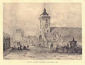 The west end of the church in 1836, showing the cracks and lean in the tower