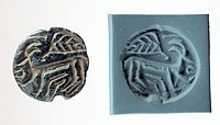Stamp seal and modern impression: horned animal and bird; 6th–5th millennium