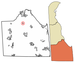 Location of Ellendale in Sussex County, Delaware (left) and of Sussex County in Delaware (right)