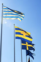 Swedish historic maritime flags at the Maritime Museum in Stockholm. The striped designs are some of the earliest variants on the general theme of the state colours of blue and yellow.