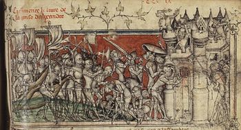 Zeitgenössische Darstellung des Kreuzzuges gegen Alexandria in der Dichtungschronik La prise d'Alexandrie von Guillaume de Machaut