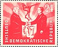 Image 181951 East German stamp commemorating the Treaty of Zgorzelec establishing the Oder-Neisse line as a "border of peace", featuring the presidents Wilhelm Pieck (GDR) and Bolesław Bierut (Poland) (from History of East Germany)