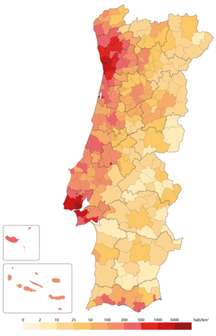 Population density by municipality in Portugal (2020).