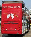 A bus with Eyo masquerades painted on the back, with the slogan "Eko o ni baje" (literally Lagos will not spoil, a colloquialism for Lagos will prevail).