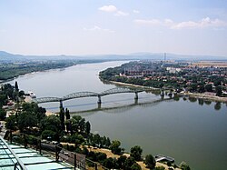Landscape view with Mária Valéria Bridge over the Danube as seen from the Esztergom Basilica
