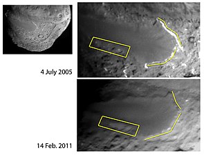 Comparison of Deep Impact and Stardust photos of a smooth elevated feature on the surface of the nucleus showing recession of icy cliffs at the margins.