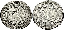 Pfahlschildgroschen Frederick II the Meek with Landgrave Frederick the Peaceful of Thuringia and his brother Sigismund, Freiberg Mint, 1431–1436