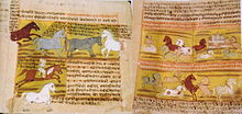Pages of an old manuscript, filled with script. Several paintings of horses are shown, including horses running free and interacting with humans