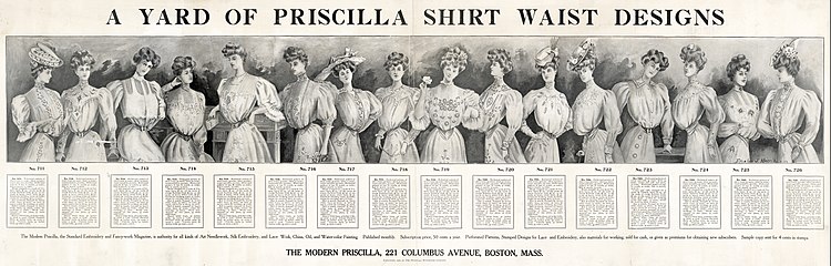 The baggy, bloused style, of the Garibaldi shirt, heavily influenced the Late and post-Victorian fashions , as seen in a 1906 advertisement, in The Modern Priscilla, a needlework magazine, showing 16 different designs for shirtwaists, with details, about patterns and materials.