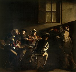 The Calling of St Matthew; by Caravaggio; c.1602–1604; oil on canvas; 3 x 2 m; San Luigi dei Francesi, Rome[105]