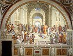 The School of Athens; by Raphael; 1509–1510; fresco; 5.8 x 8.2 m; Apostolic Palace (Vatican City)[150]