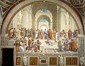 The School of Athens; by Raphael; 1509–1510; fresco; 5.8 x 8.2 m; Apostolic Palace (Vatican City)