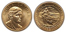 A gold medallion depicting the bust of a woman and a woman pushing a plow