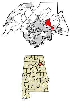 Location of Tidmore Bend in Etowah County, Alabama.