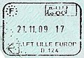 Exit stamp from the Schengen Area issued by the French Border Police at Lille-Europe station. ('LFT' stands for 'Liaison fixe transmanche' (literally: cross-Channel fixed link))