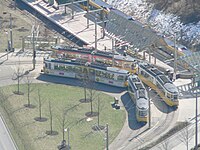 Two trams of model GT4 in the terminal loop “Ruhbank” at the Fernsehturm.