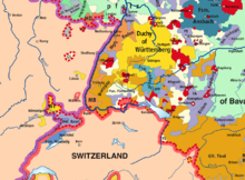 Section of map of the Holy Roman Empire, with the many states in different colors.