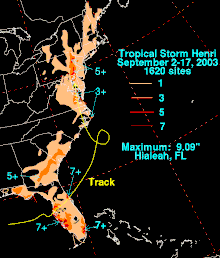 Rainfall map showing the track of Henri. Light rainfall occurred in New England and along the Eastern Seaboard, with heaviest rainfall in Florida and eastern Pennsylvania