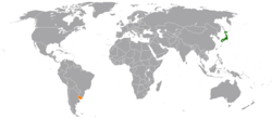 Map indicating locations of Japan and Uruguay