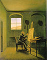 Das Bild Caspar David Friedrich in seinem Atelier von Georg Friedrich Kersting mit Reißschiene im Hintergrund (Mannheimer Version von 1819).