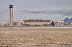 Buildings at Kirtland AFB, including the air traffic control tower