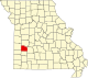 A state map highlighting Cedar County in the southwestern part of the state.