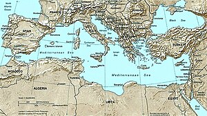 A relief map of the Mediterranean Sea area depicting the countries that surround it