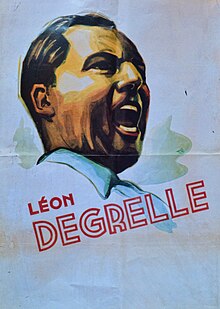 Propaganda poster, featuring only a painting of a screaming Degrelle as well as his name below