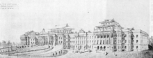 A pencil drawing of a large four story municipal building with curved Japanese style roofs
