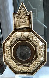 Gothic mirror frame, by the Embriachi workshop, 1st half of the 15th century, wood, bone, horn and bone marquetry, Kunstgewerbemuseum Berlin, Germany