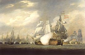 Salvador del Mundo receiving raking fire from HMS Victory by Robert Cleveley