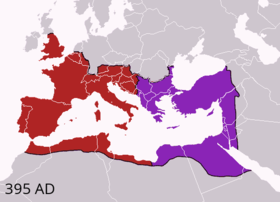 A map of the Roman Empire showing its division into two parts