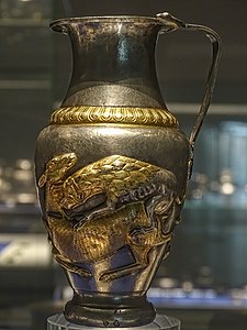Thracian gilt silver pitcher depicting lion attacking a deer Rogozen Treasure Vratsa Bulgaria