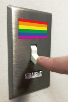 A light switch decorated with a rainbow flag