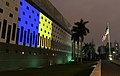 The embassy lit up with the national colours of Ukraine, February 2022