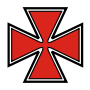 an insignia in the shape of a red Maltese cross with a black outline