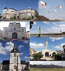 From top to bottom, left to right: The Château d'Ancenis, the flags above the town hall, the town hall, the Ancenis Bridge, St. Peter's Church, the Halles in Ancenis, and a panoramic view of Ancenis.
