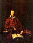 Posthumous portrait of Alexander Pushkin by Carl Peter Mazer, 1839, shows him in a red and green tartan dressing gown.[751]