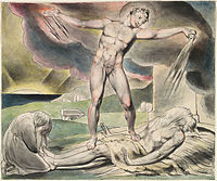 The examination of Job, Satan pours on the plagues of Job, by William Blake