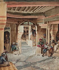 Men gather standing, squatting or sitting cross-legged in front of an open door. Several are smoking long pipes.