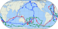 Map showing all three of James Cook's voyages. First voyage is shown in red, second in green, third in blue. The route of Cook's crew following his death is shown as a blue dashed line.