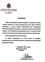The pontifical decree issued for the icon of Our Lady of Porta Vaga on 19 March 2018. This is the present decree format used by the Dicastery for Divine Worship since 1999.