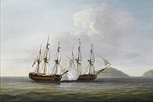 Two sailing ships are fighting a close action. There are islands in the background to the right of the picture.